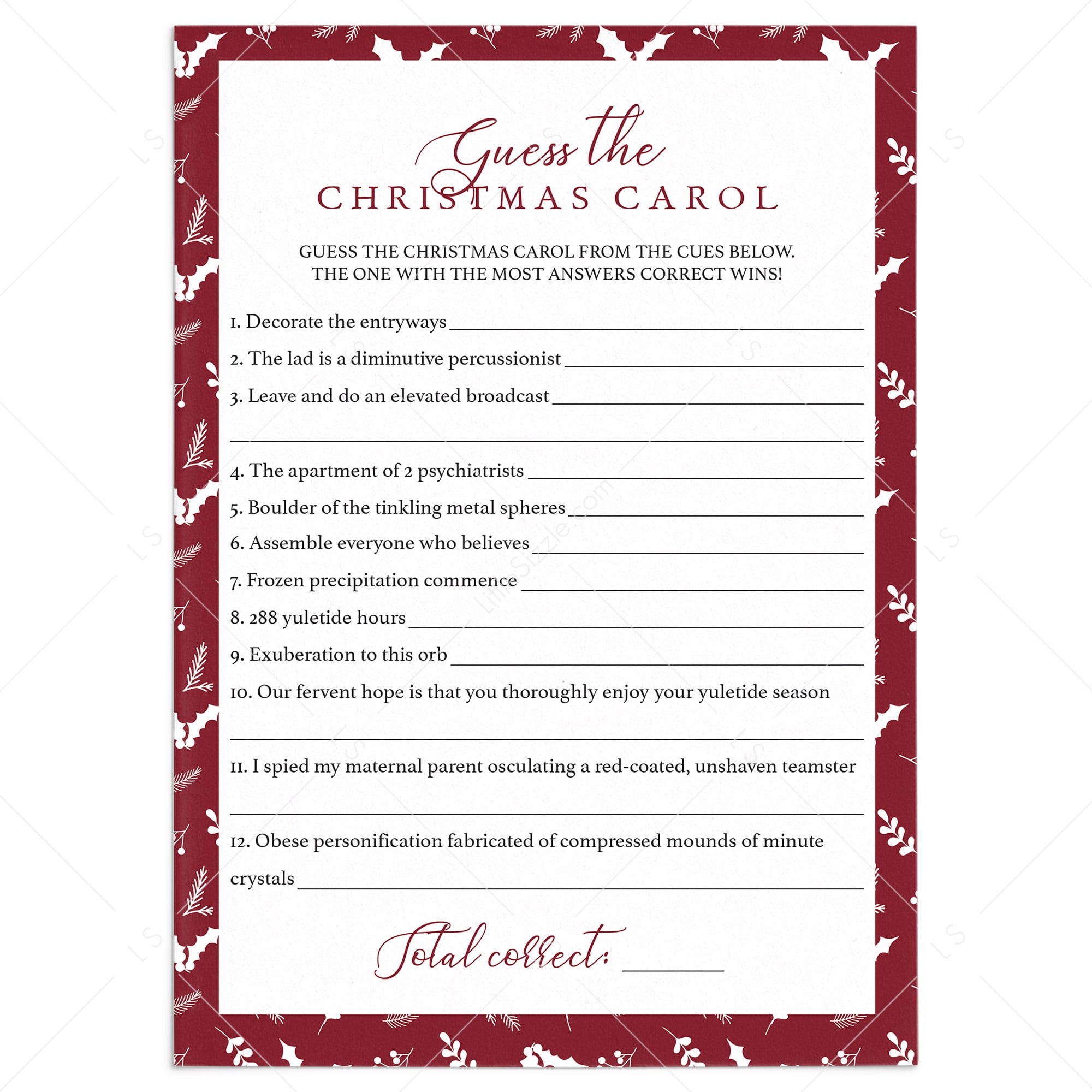 Name The Christmas Song Game Instant Download by LittleSizzle