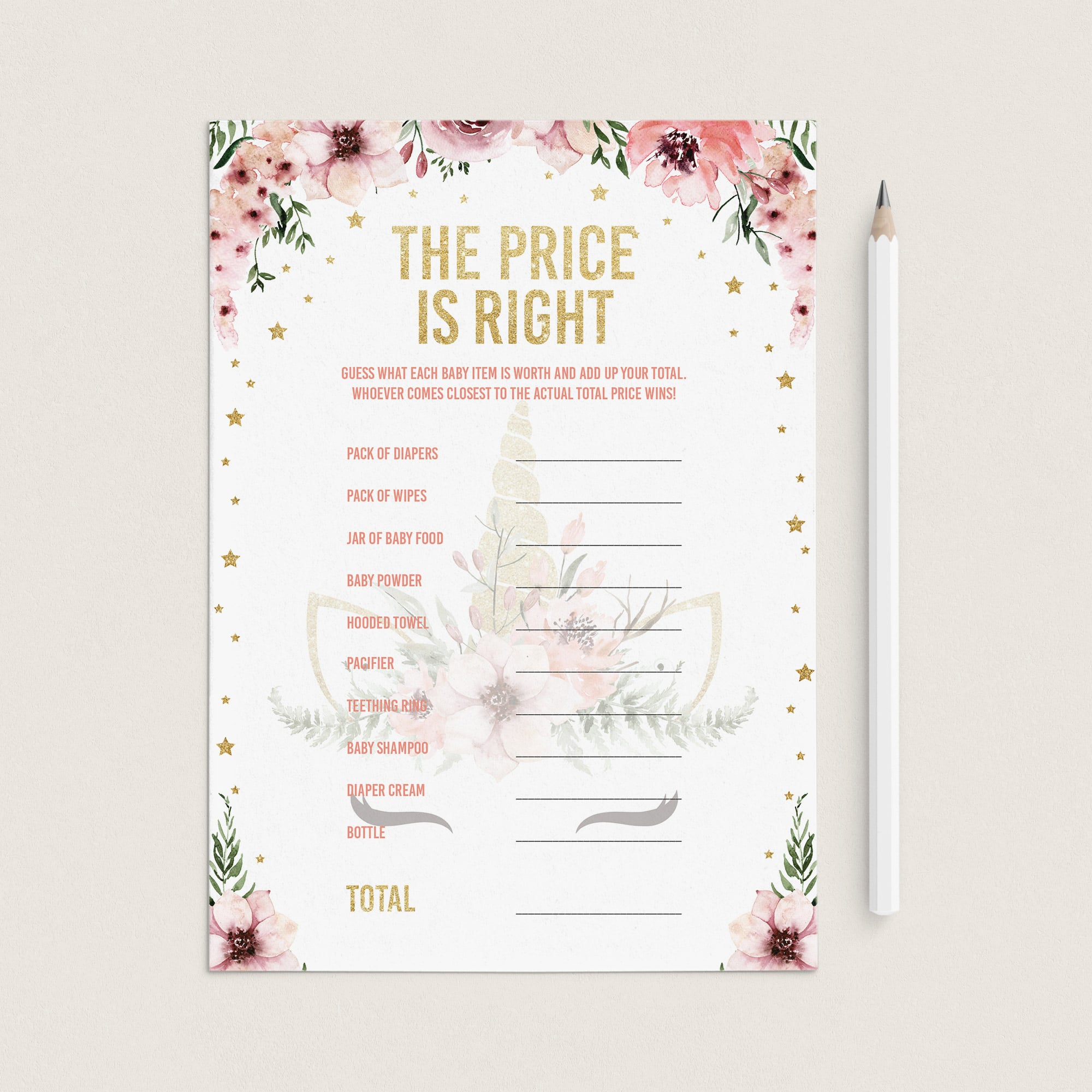 Floral unicorn babyshower printables games guess the price by LittleSizzle