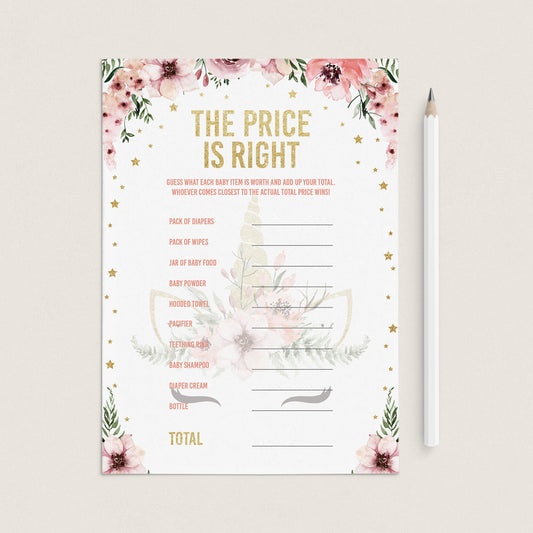 Floral unicorn babyshower printables games guess the price by LittleSizzle