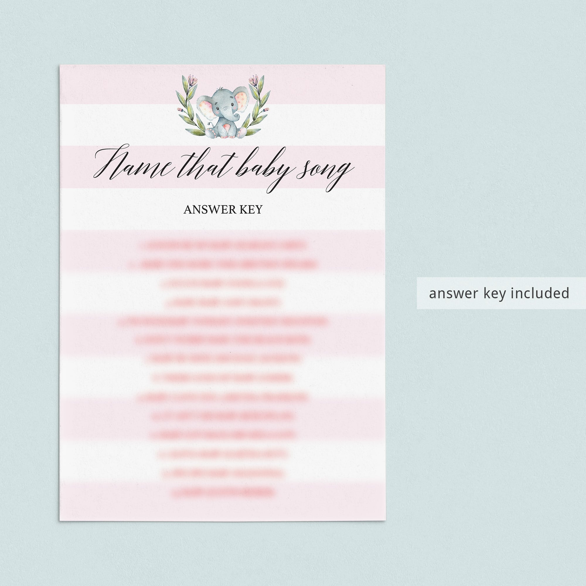 Watercolor elephant on pink and white baby shower games by LittleSizzle