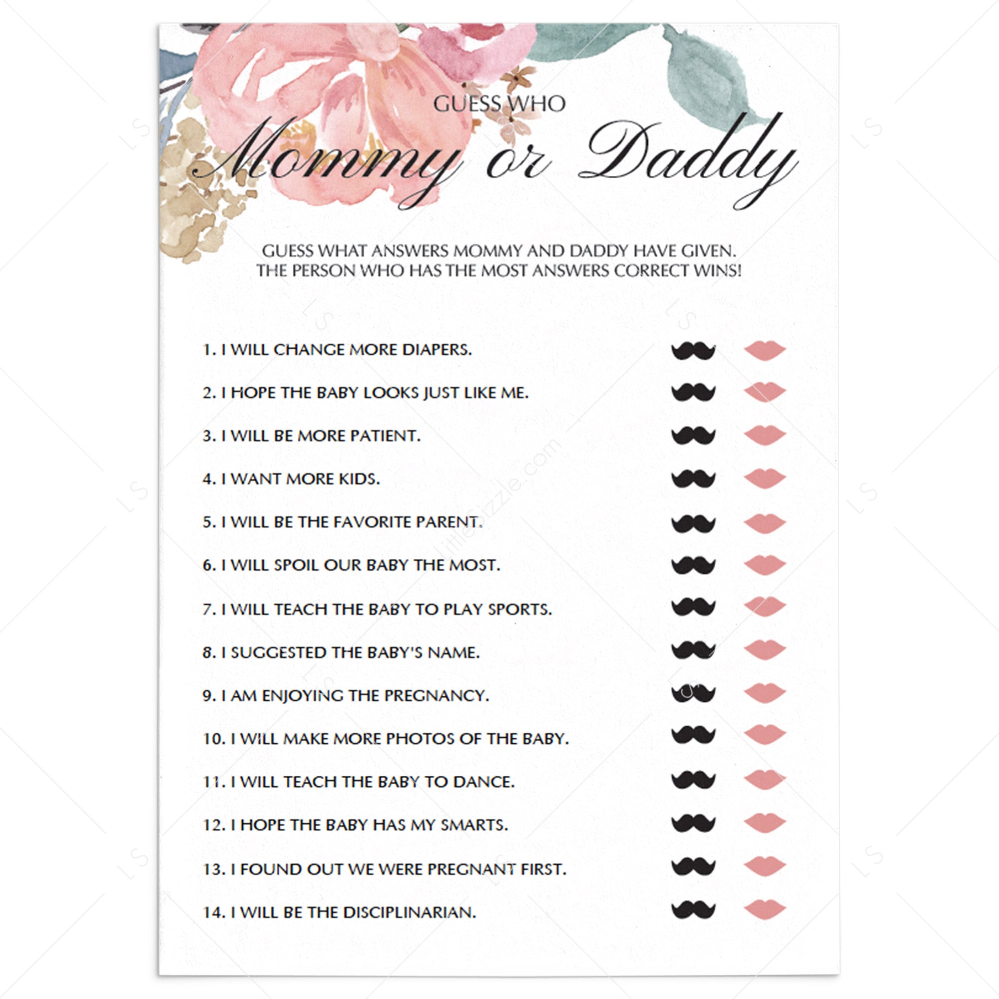 Mommy Or Daddy Baby Shower Game Printable Instant Download LittleSizzle Mommy Or Daddy Baby Shower Game Printable Instant Download LittleSizzle