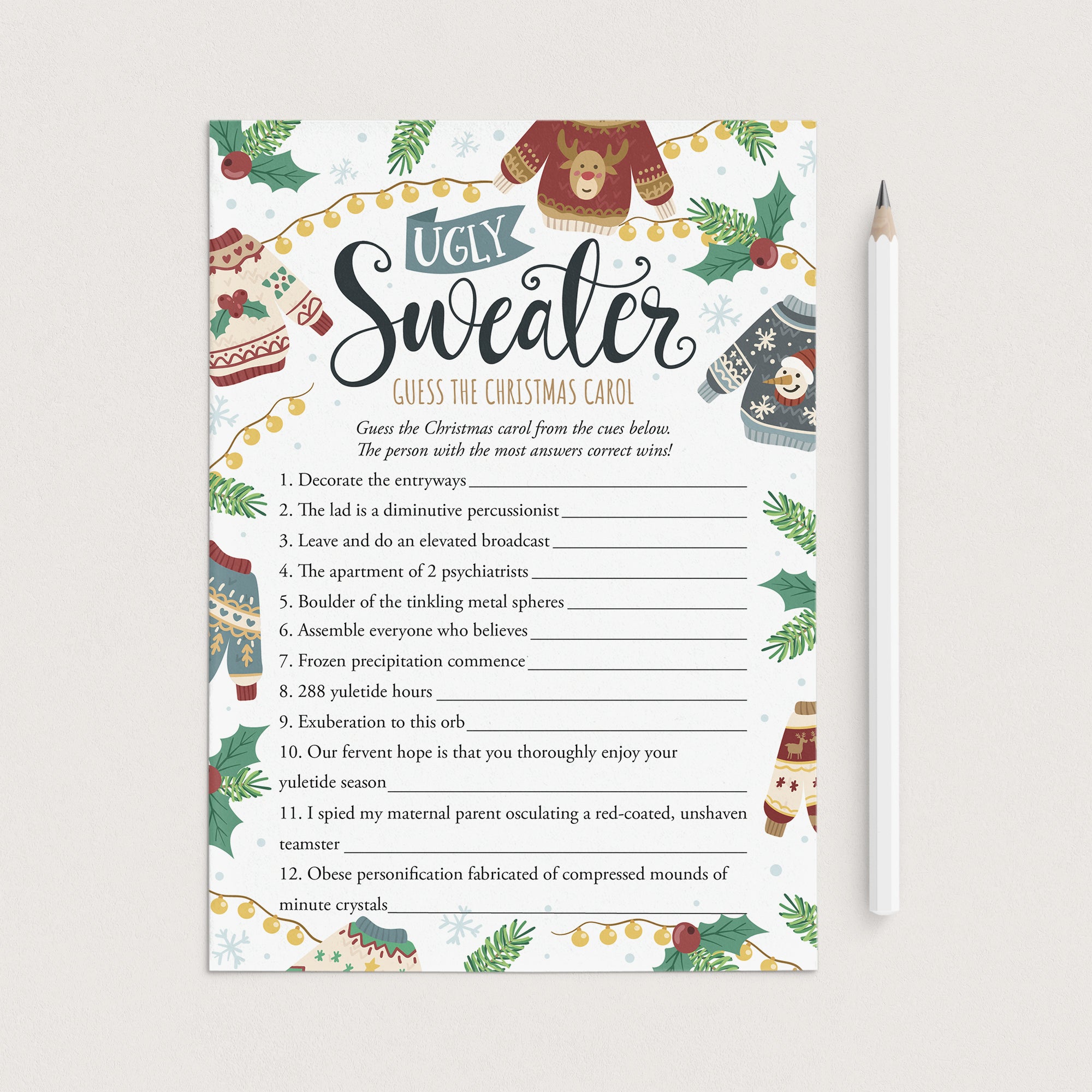 Ugly Sweater Game Guess The Christmas Carol with Answers by LittleSizzle