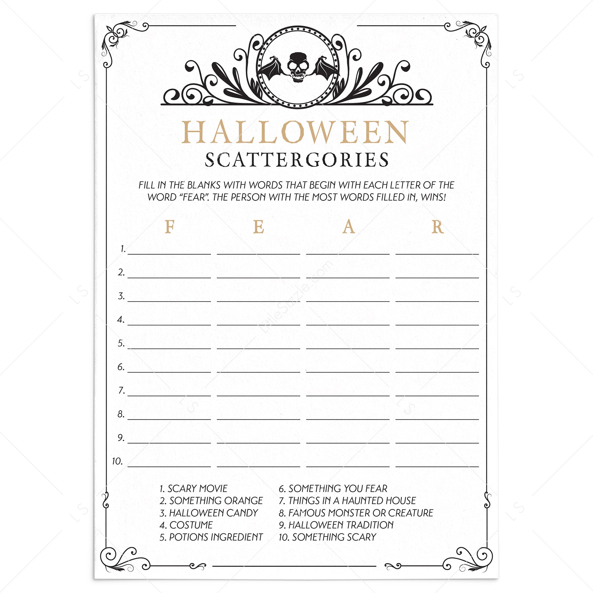 Black and Gold Halloween Game Printable Scattergories by LittleSizzle