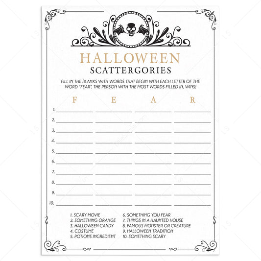 Black and Gold Halloween Game Printable Scattergories by LittleSizzle