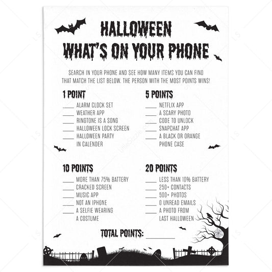 Black and White Halloween Party Game for Adults What's On Your Phone by LittleSizzle