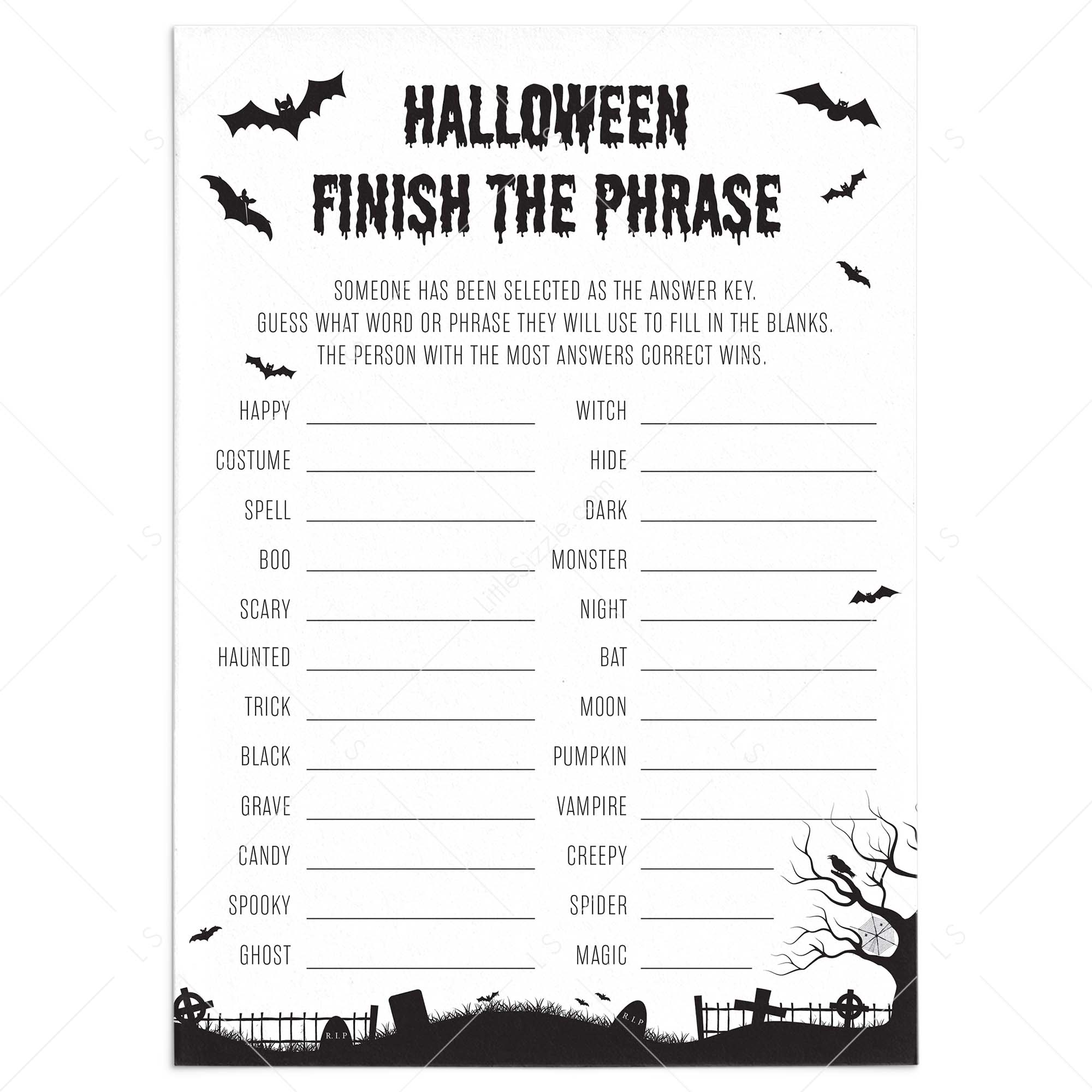 Black and White Halloween Party Game for Groups Printable Finish The Phrase by LittleSizzle