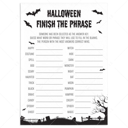 Black and White Halloween Party Game for Groups Printable Finish The Phrase by LittleSizzle
