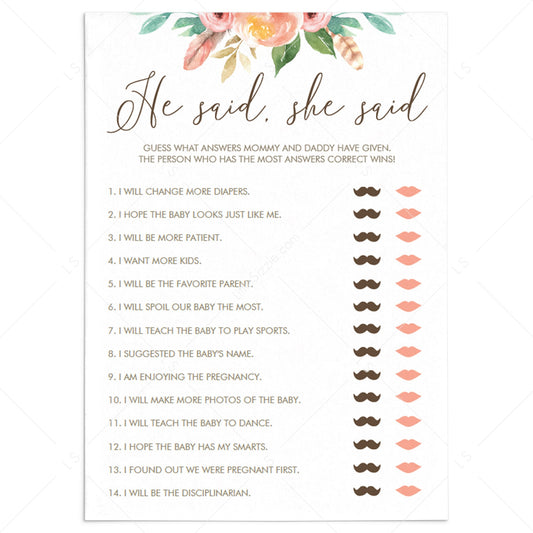 Printable He Said She Said Game for Baby Shower