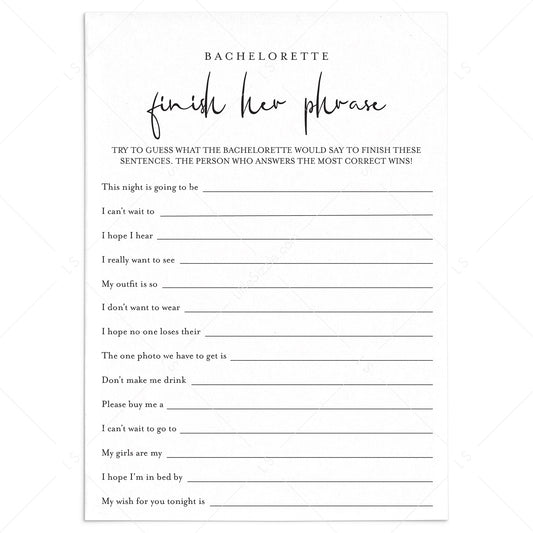 Bachelorette Ice Breaker Game Finish Her Phrase Printable by LittleSizzle
