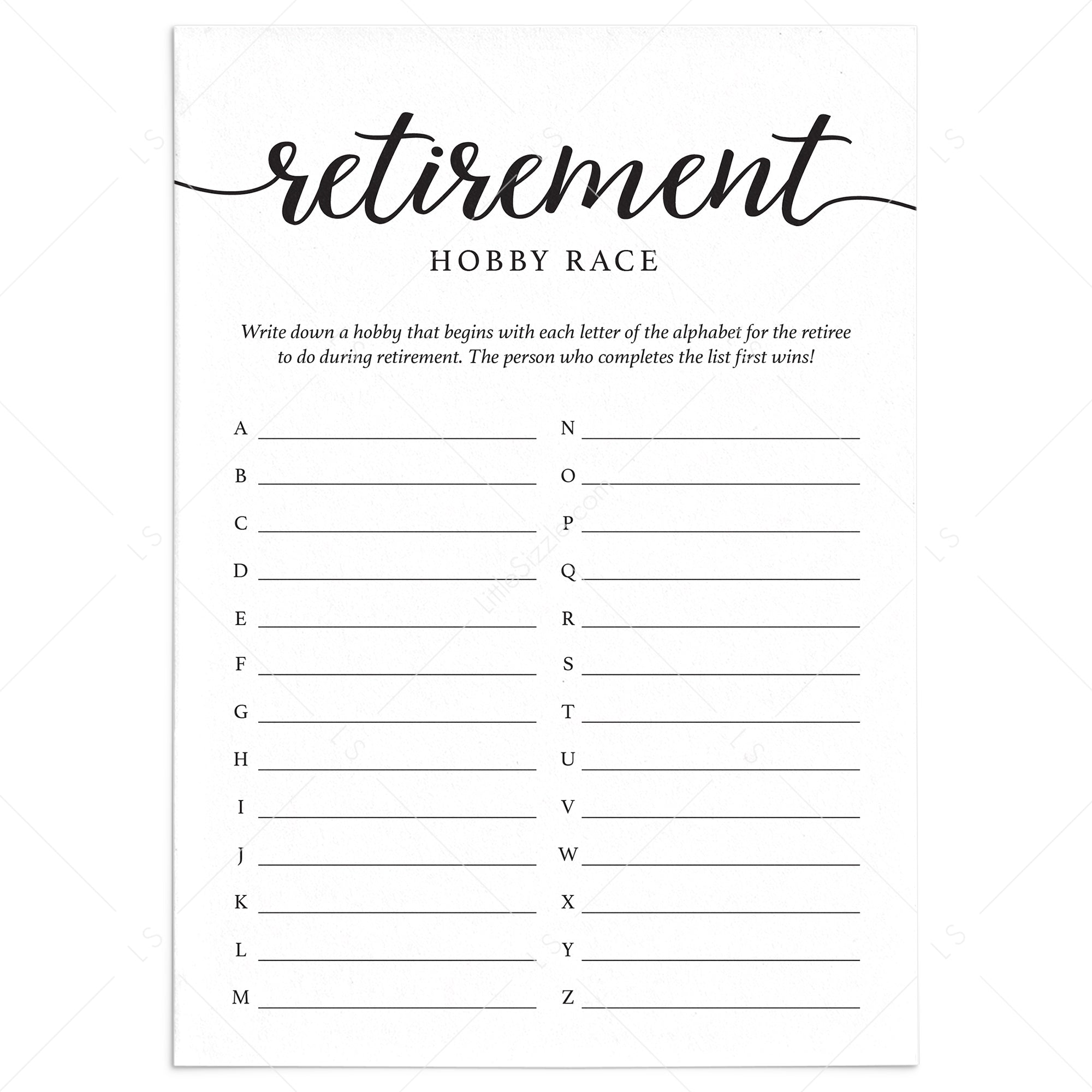 Minimal Calligraphy Retirement Party Game Hobby Race Printable by LittleSizzle