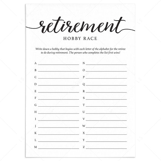 Minimal Calligraphy Retirement Party Game Hobby Race Printable by LittleSizzle