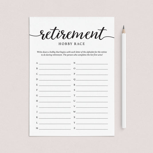 Minimal Calligraphy Retirement Party Game Hobby Race Printable by LittleSizzle
