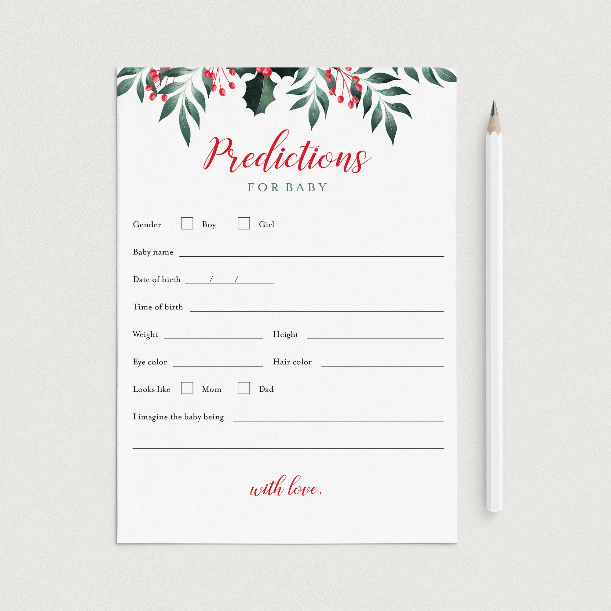 Holiday Greenery Baby Shower Predictions Card Printable by LittleSizzle