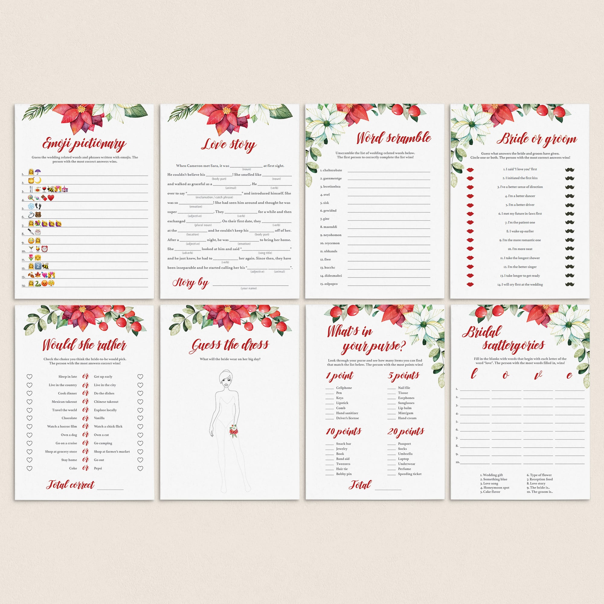 8 Holiday Bridal Shower Games Bundle Printable by LittleSizzle