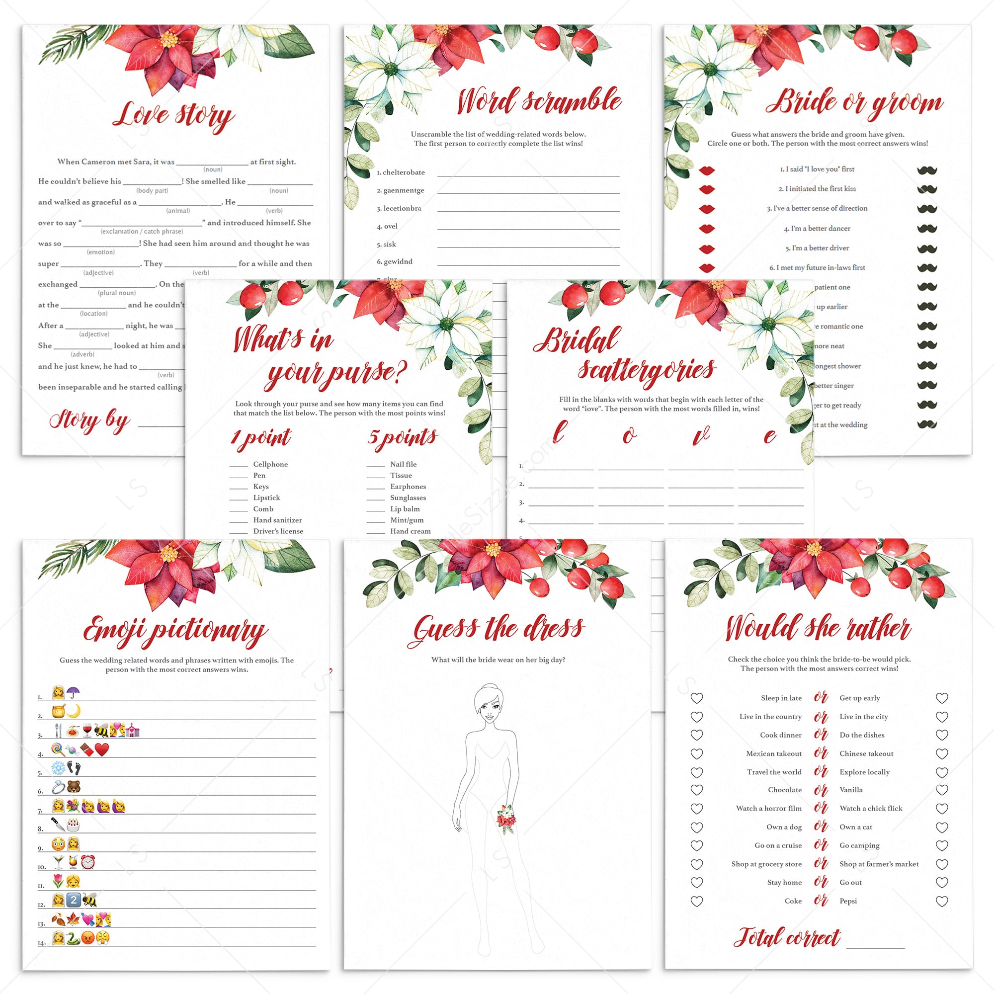 8 Holiday Bridal Shower Games Bundle Printable by LittleSizzle