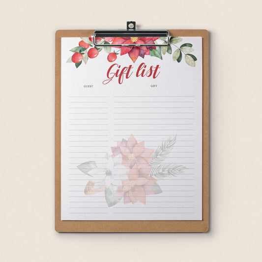 Red and Greenery Holiday Gift List Printable