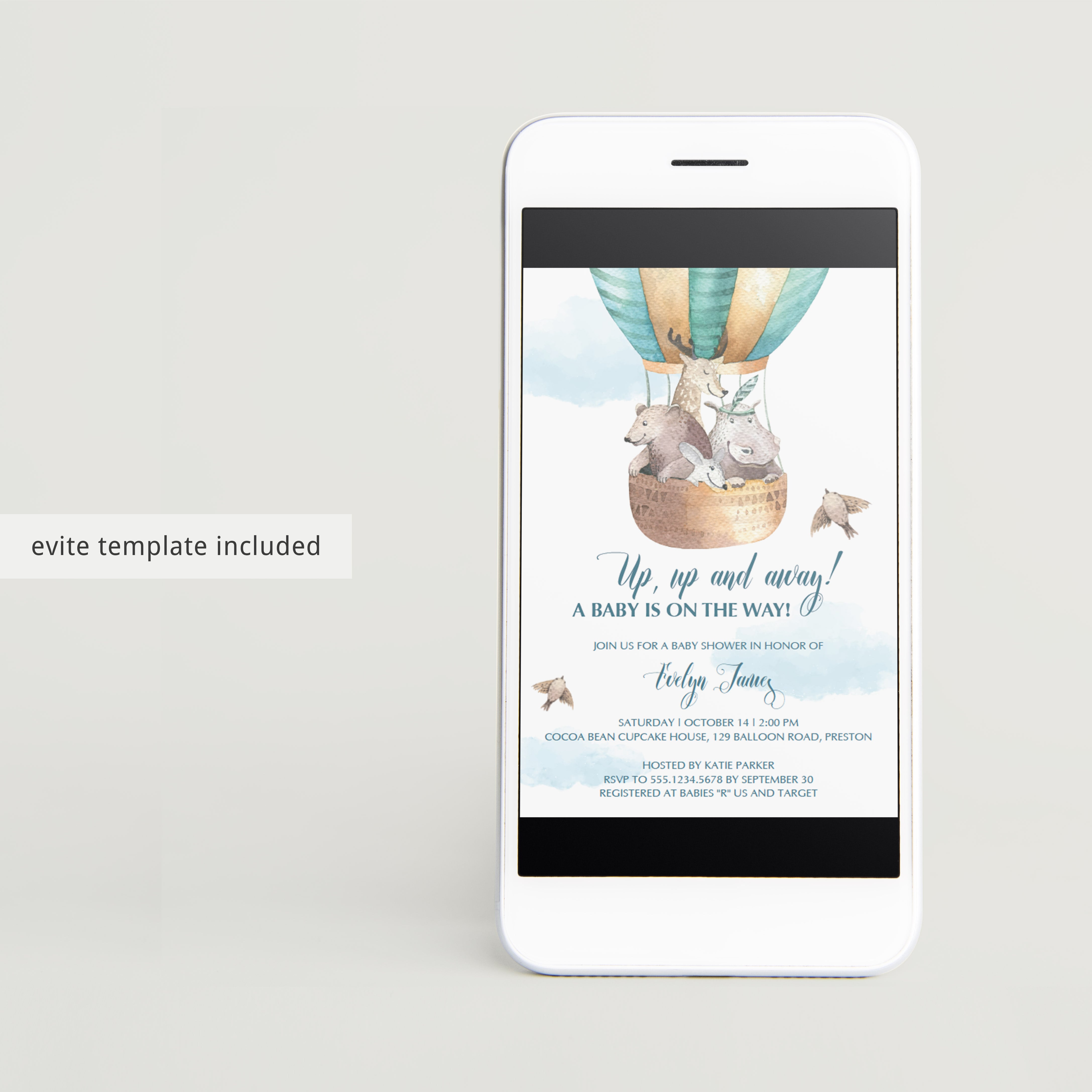 Watercolor hot air balloon for boy baby shower invite template by LittleSizzle