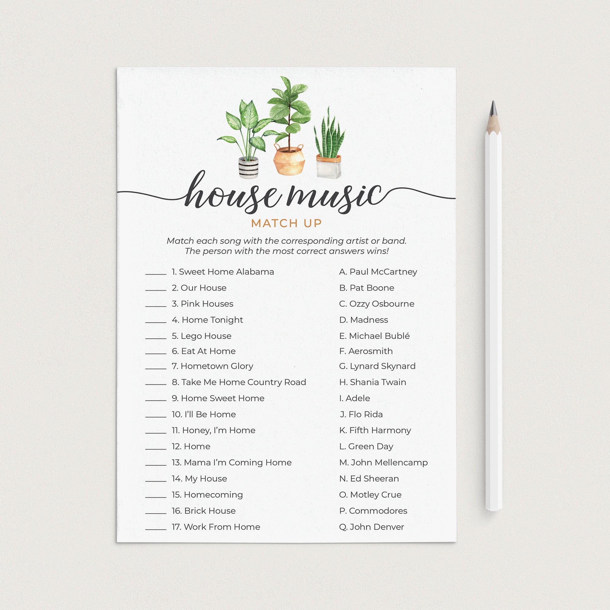 Housewarming Music Match Up Game with Answer Key Printable by LittleSizzle