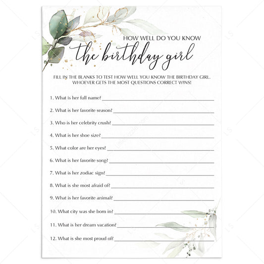 Greenery Birthday Trivia Quiz Printable by LittleSizzle