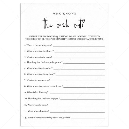 Who Knows The Bride Best Game Printable Modern Minimalist by LittleSizzle