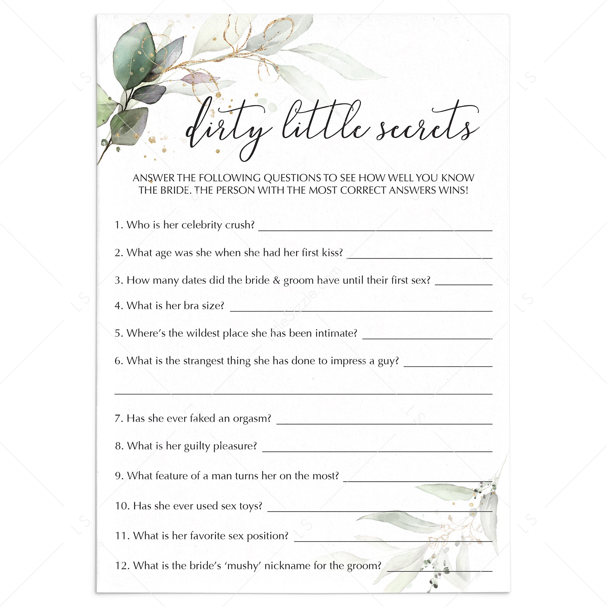 Hen Party Game Dirty Little Secrets Printable by LittleSizzle