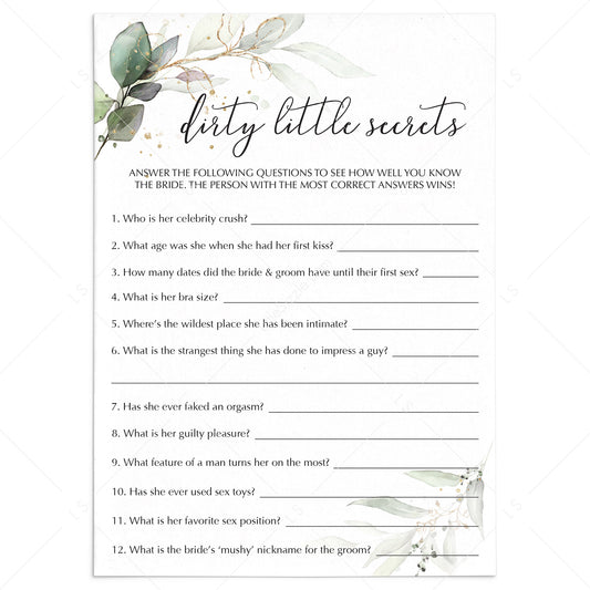Hen Party Game Dirty Little Secrets Printable by LittleSizzle