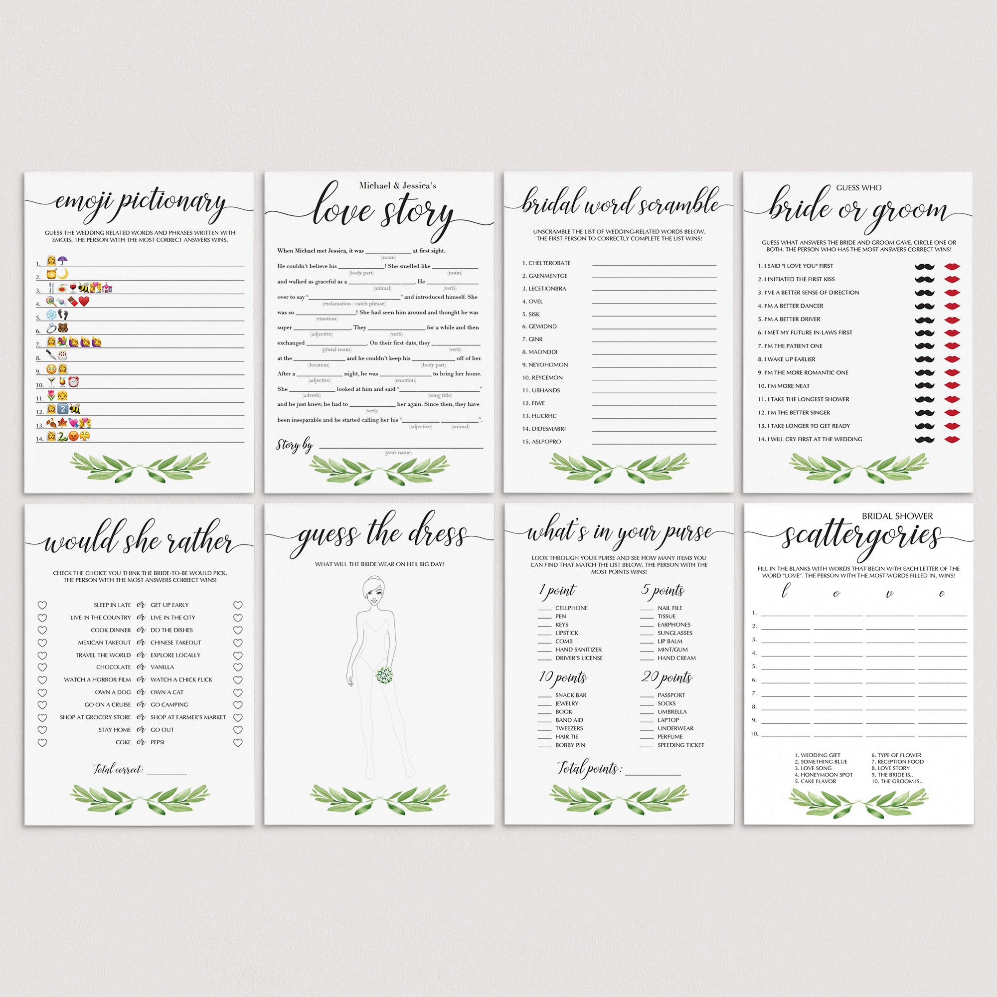 HUge bridal shower games package printable greenery leaves by LittleSizzle