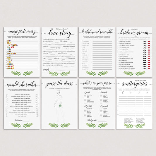 HUge bridal shower games package printable greenery leaves by LittleSizzle