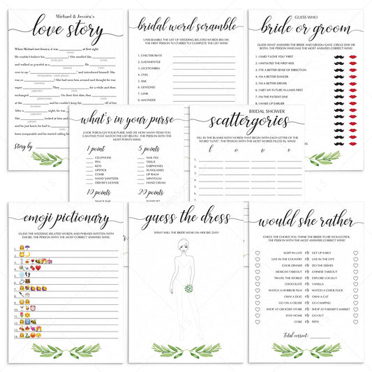 HUge bridal shower games package printable greenery leaves by LittleSizzle