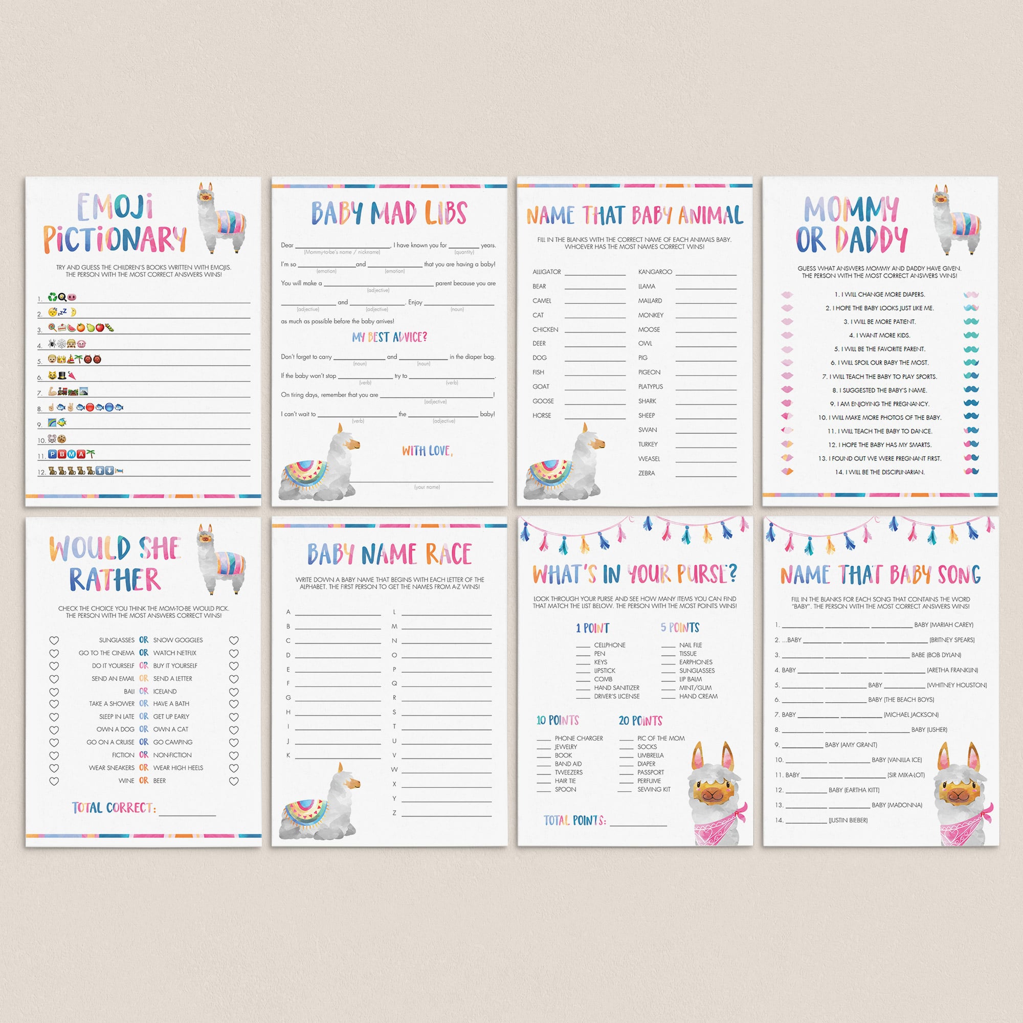 Llama Mama Baby Shower Games Bundle with 8 Games by LittleSizzle