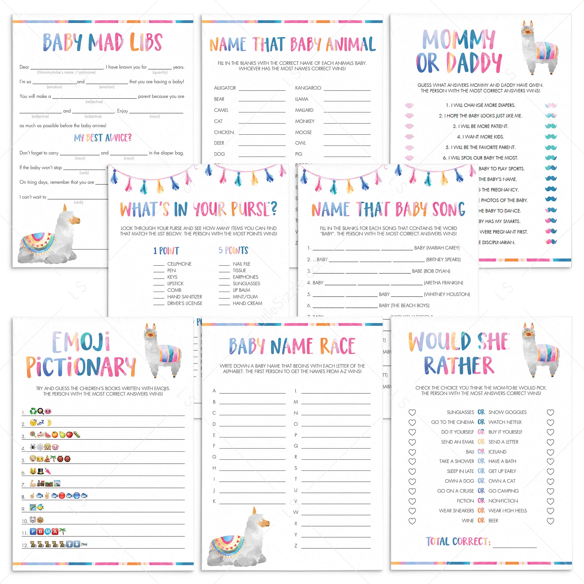 Llama Mama Baby Shower Games Bundle with 8 Games by LittleSizzle