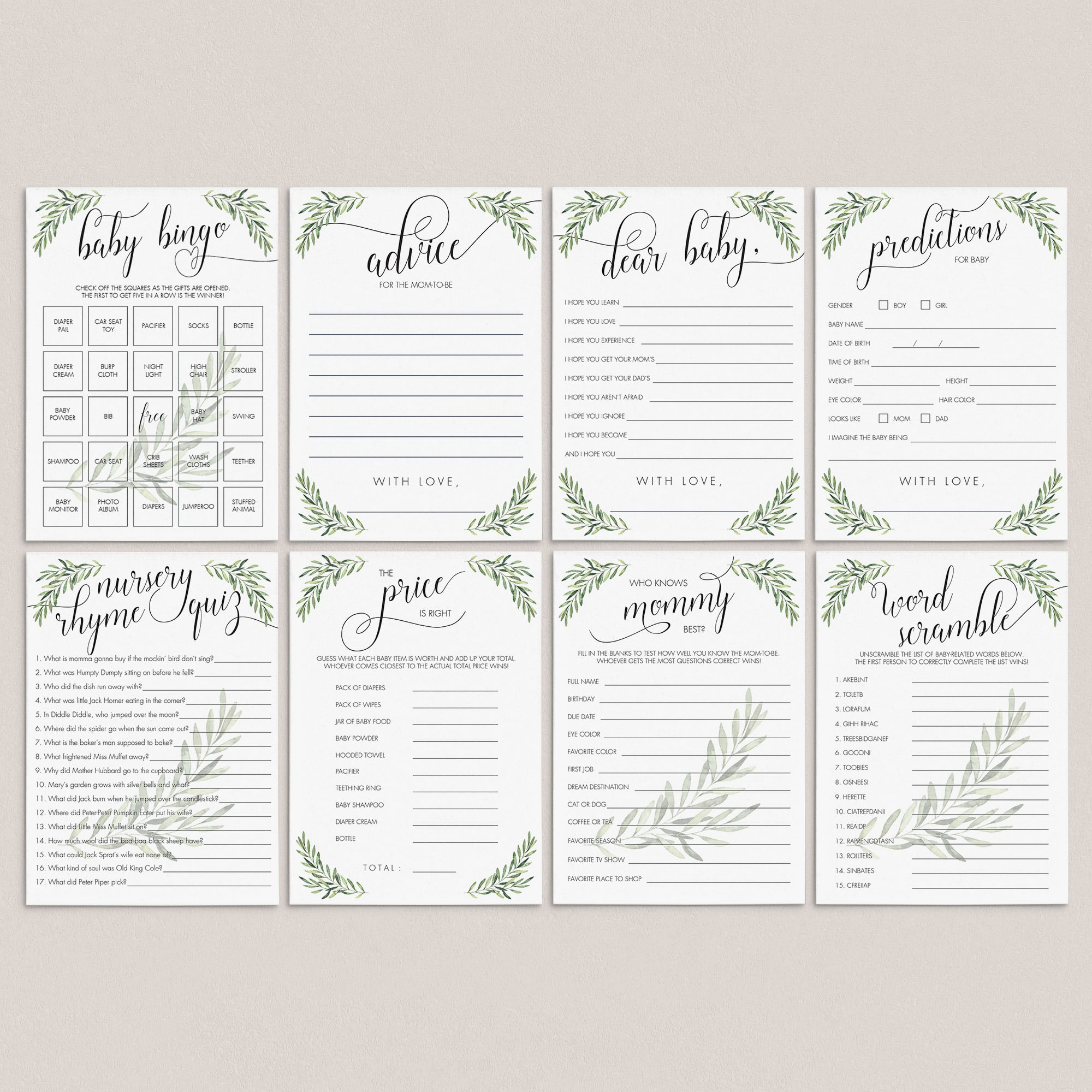 Greenery Baby Shower Games Package with 8 Popular Games by LittleSizzle