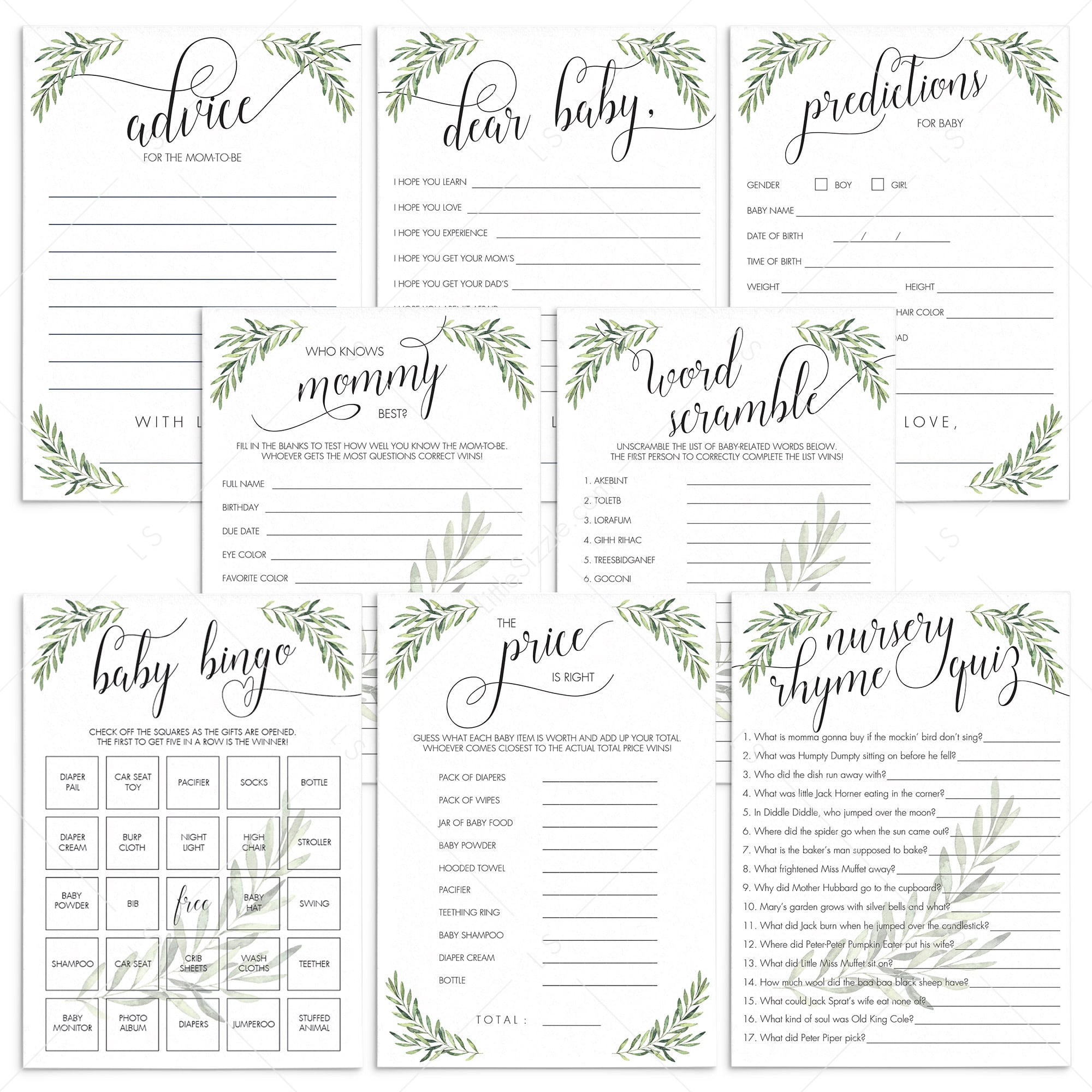 Greenery Baby Shower Games Package with 8 Popular Games by LittleSizzle