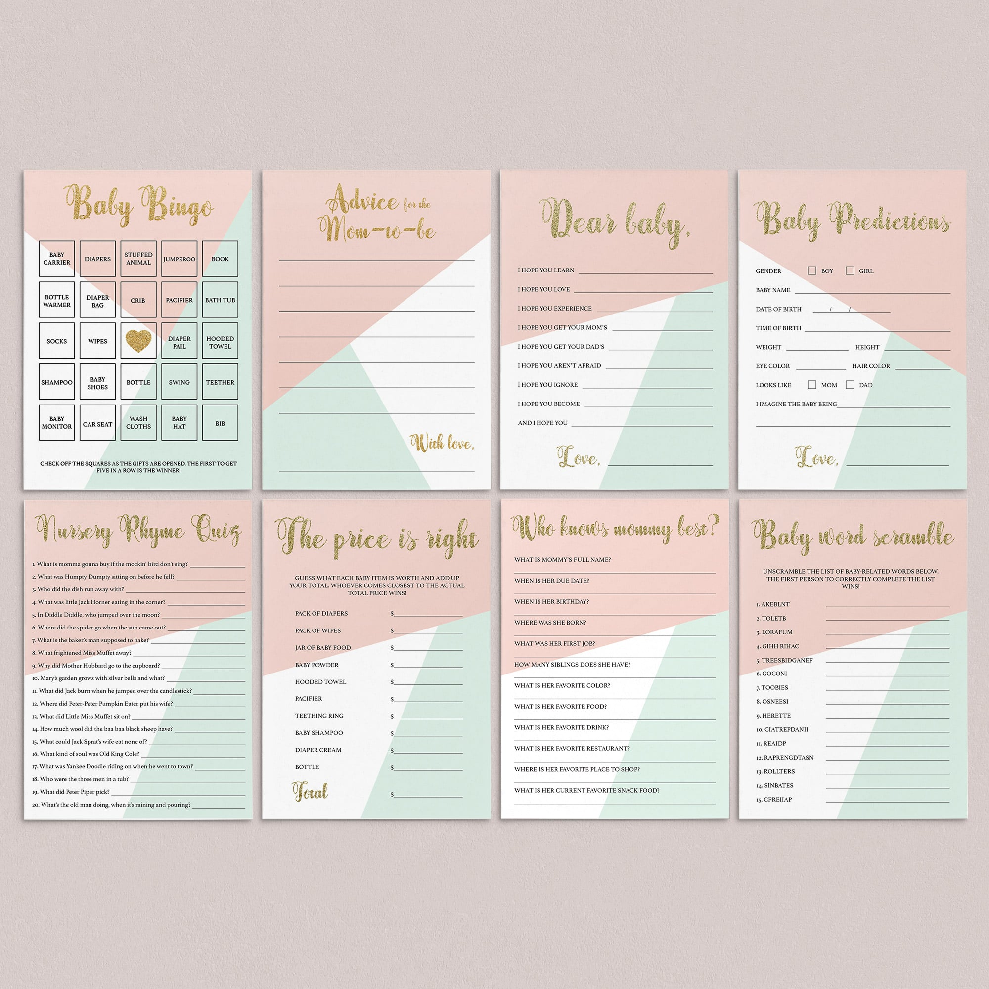 Pink and gold printable baby shower games by LittleSizzle