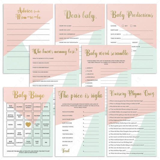 Pink and gold printable baby shower games by LittleSizzle