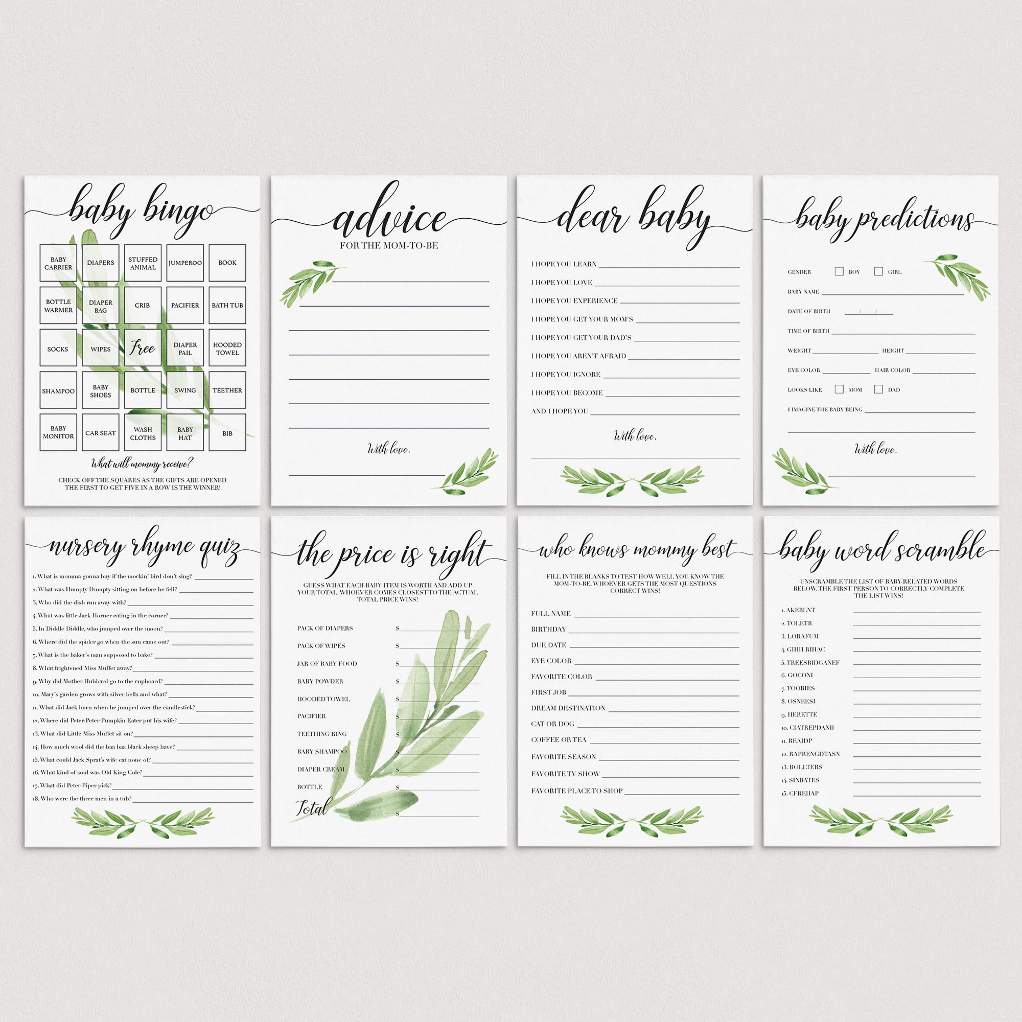 Popular greenery printable baby shower games by LittleSizzle
