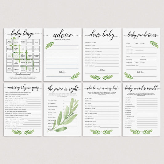 Popular greenery printable baby shower games by LittleSizzle