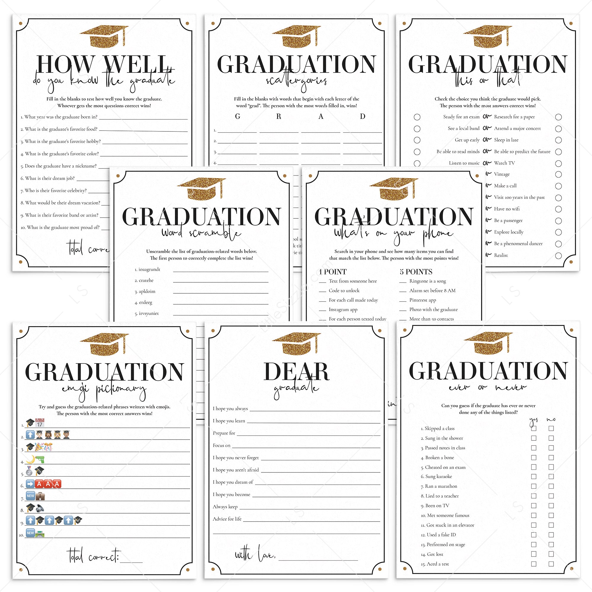 Black and Gold Graduation Party Game Bundle Printable by LittleSizzle