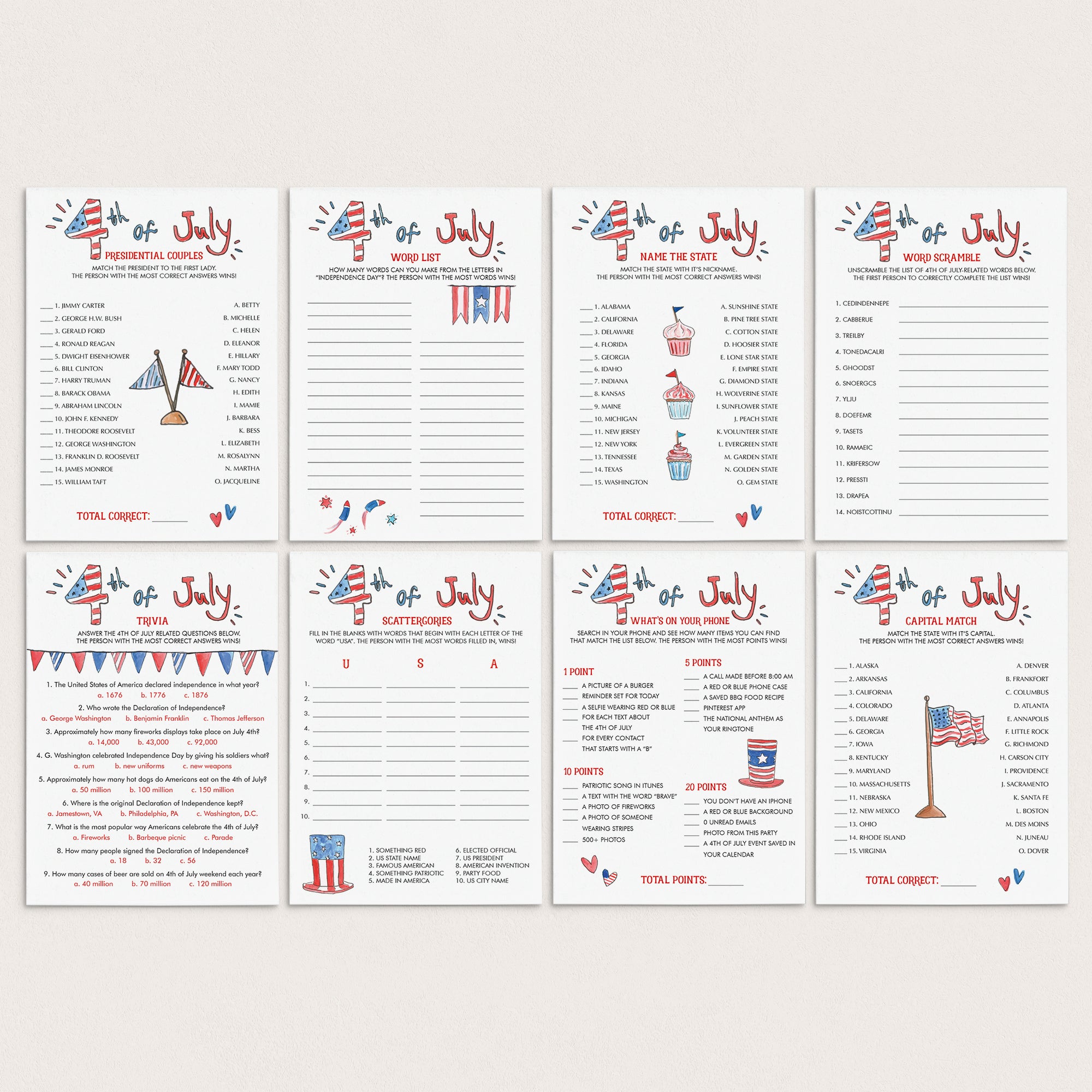 8 Fun Fourth of July Games Printable & Fillable by LittleSizzle