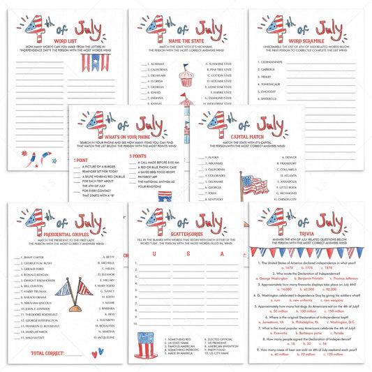 8 Fun Fourth of July Games Printable & Fillable by LittleSizzle