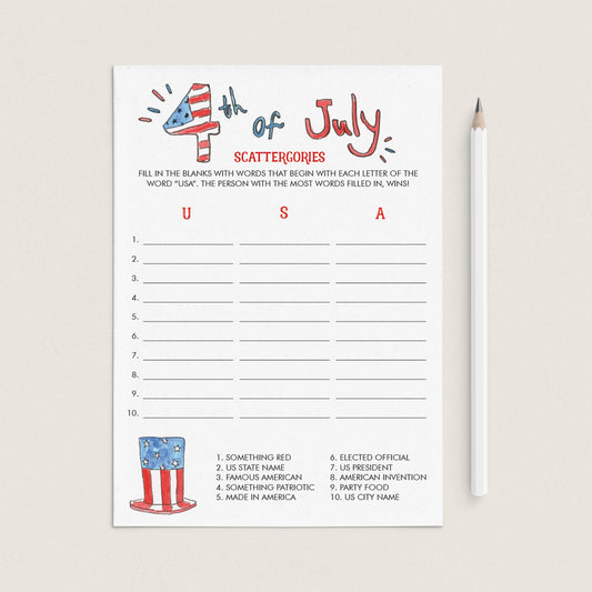 4th of July Scattergories Printable by LittleSizzle