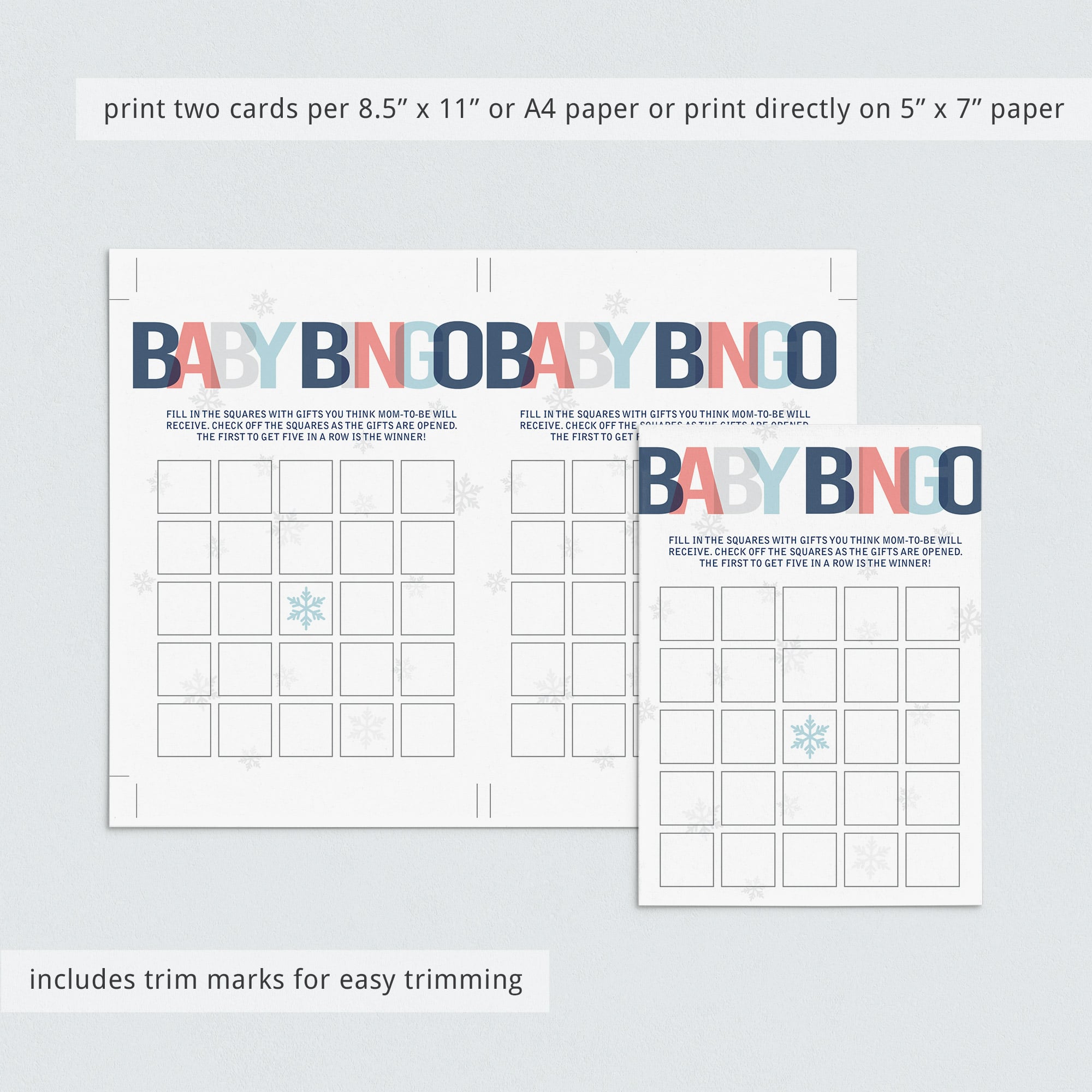 Blank baby bingo card with snowflakes for winter shower by LittleSizzle