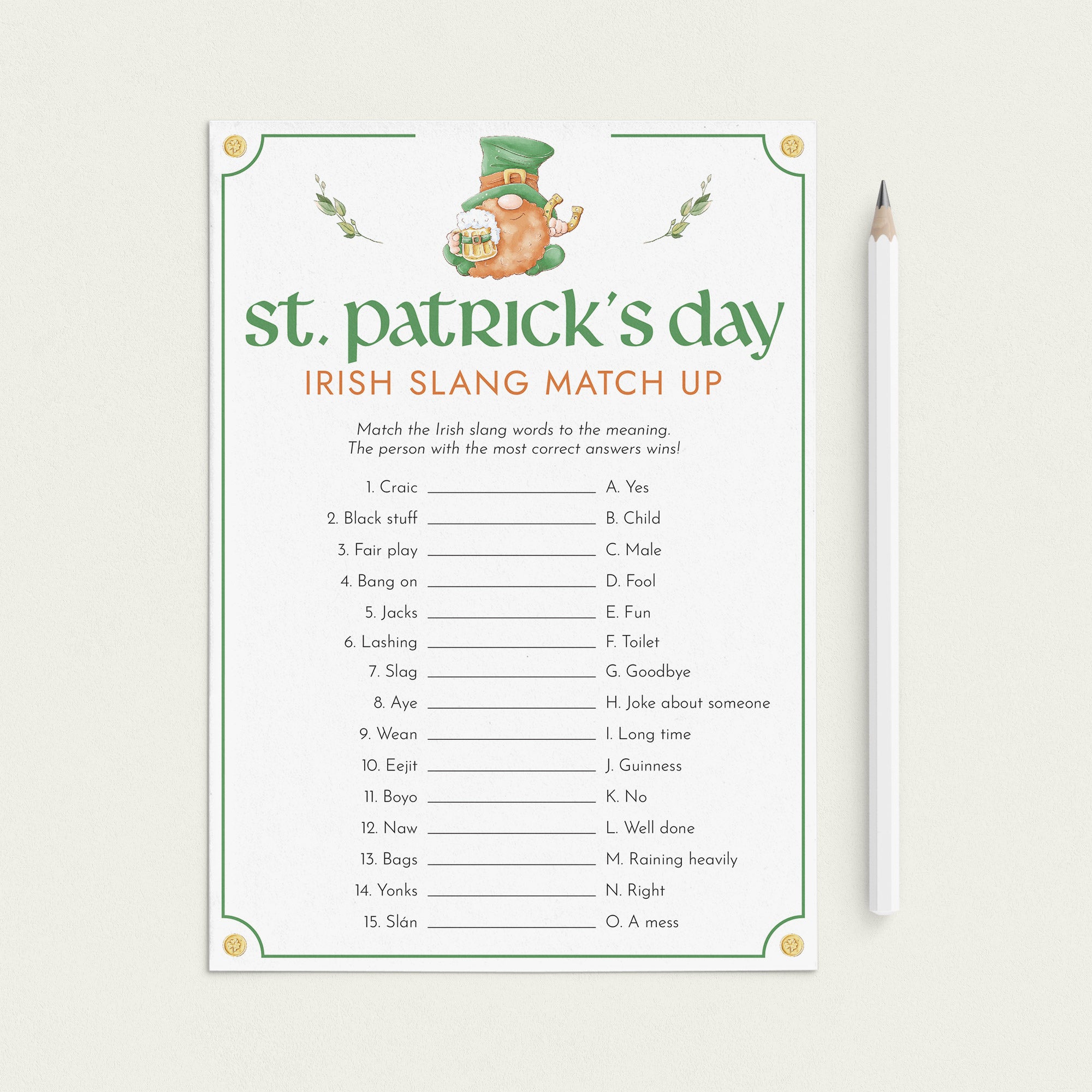 St Patrick's Party Game Irish Slang Match Up Printable by LittleSizzle