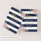 Pink, Gold and Navy Baby Shower Invitation - Florals, Confetti and Stripes