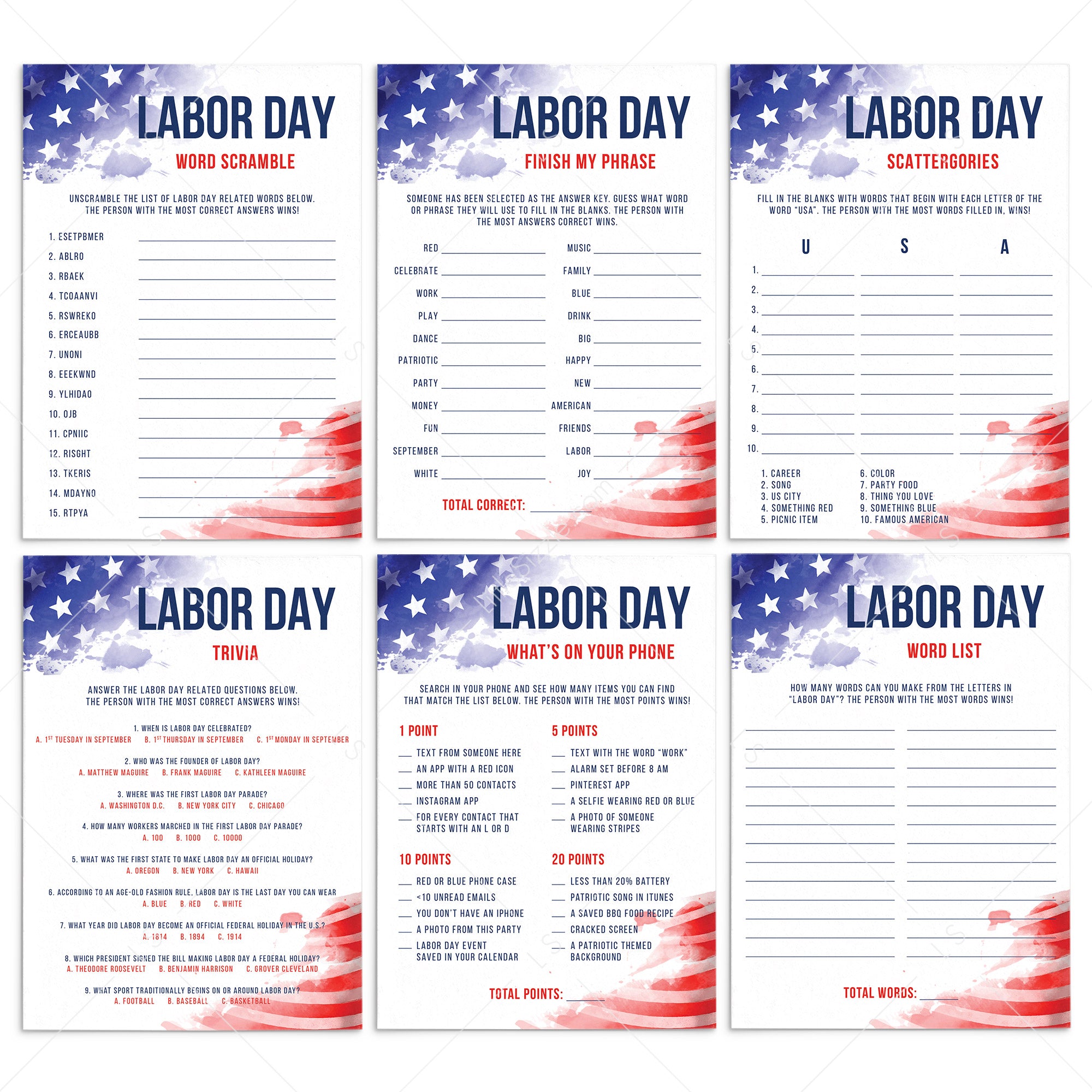 Printable Labor Day Games Bundle by LittleSizzle