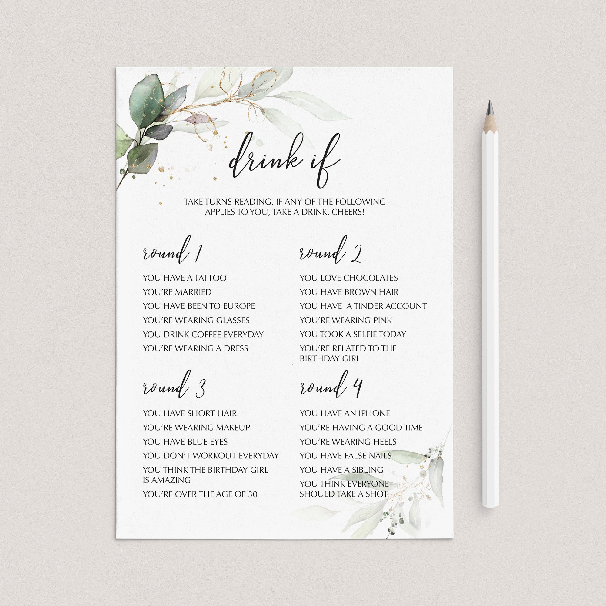 Drinking Game for Ladies Birthday Party Printable by LittleSizzle