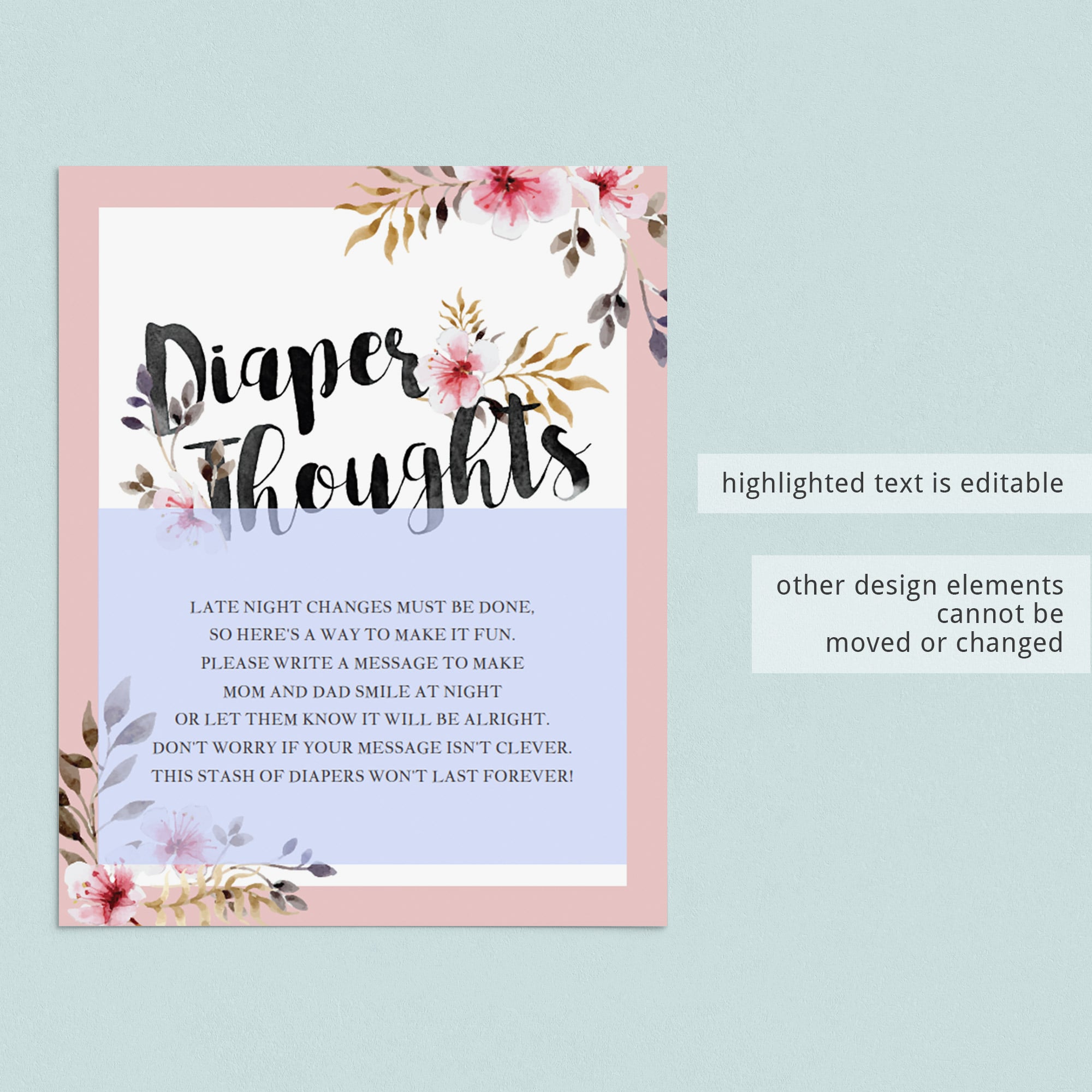 Editable late night diapers baby shower game template watercolor floral by LittleSizzle