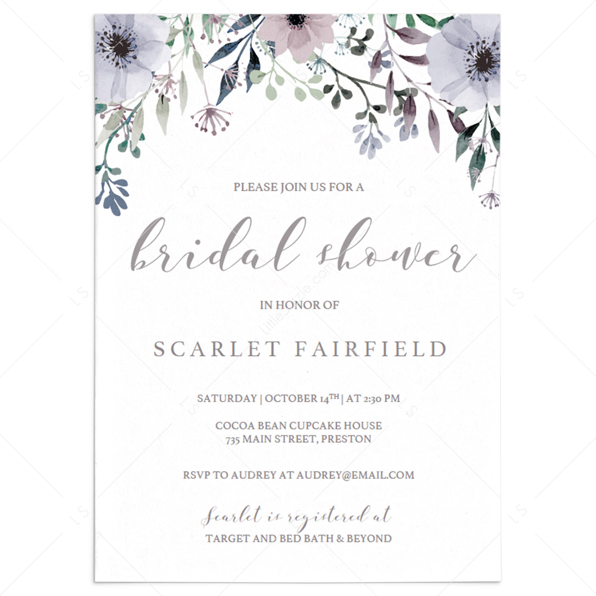 DIY Bridal Shower Invitation Template with Purple Flowers by LittleSizzle