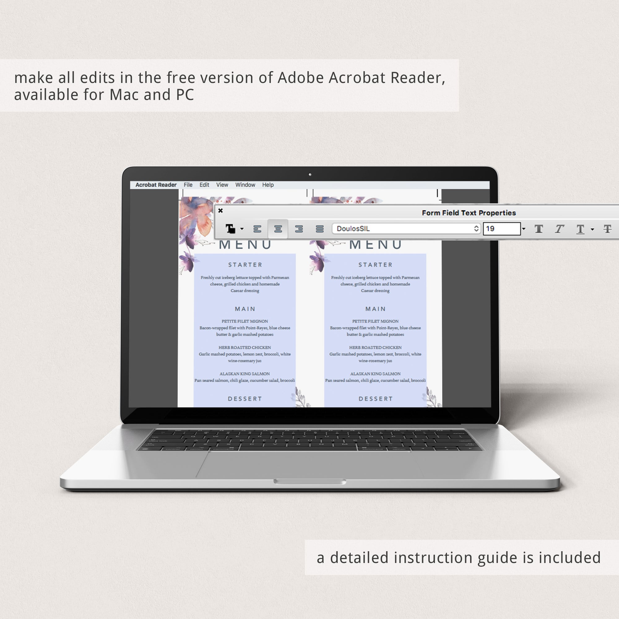 Instant download floral wedding menu cards printable by LittleSizzle
