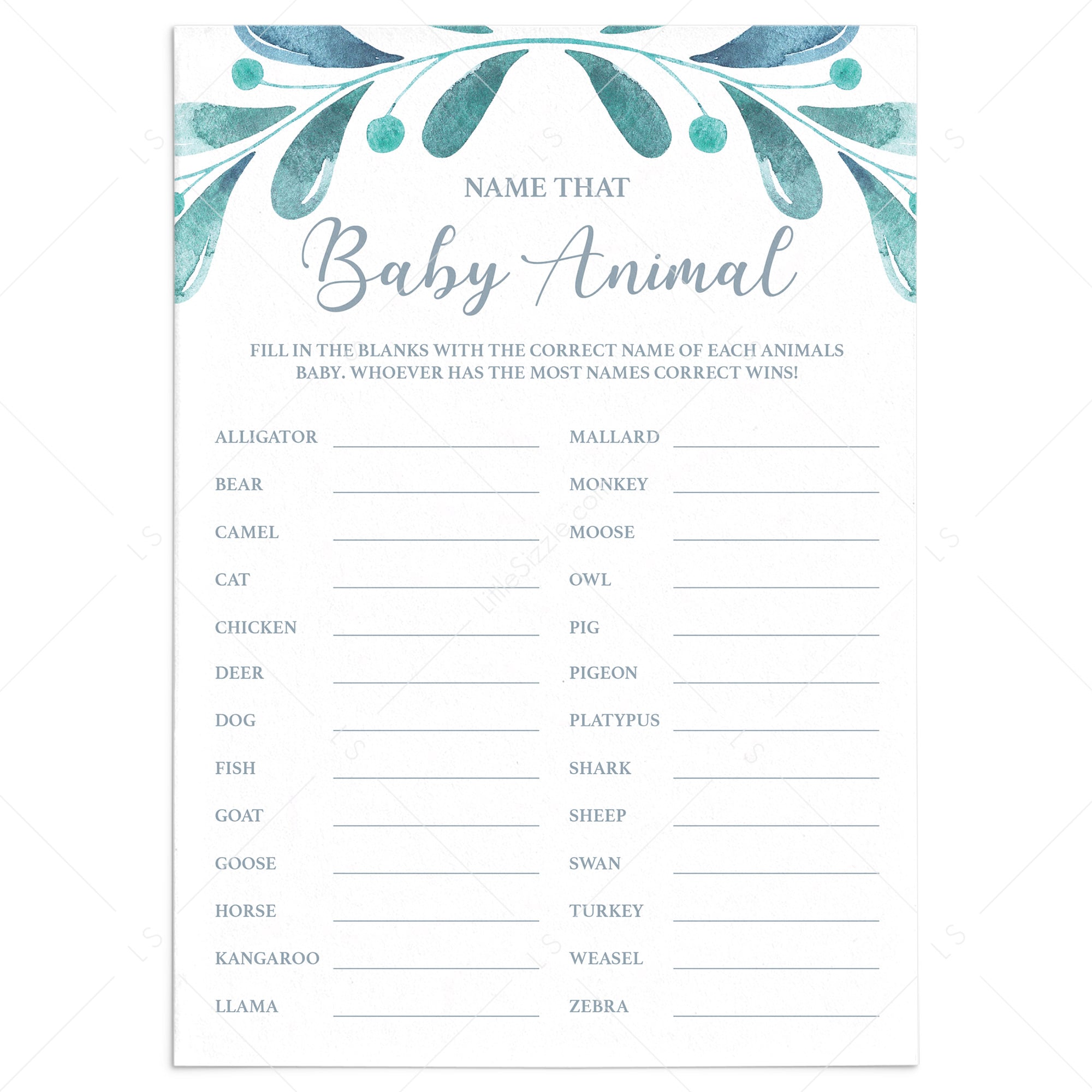 Leaf Baby Shower Games Name The Baby Animal Instant Download by LittleSizzle